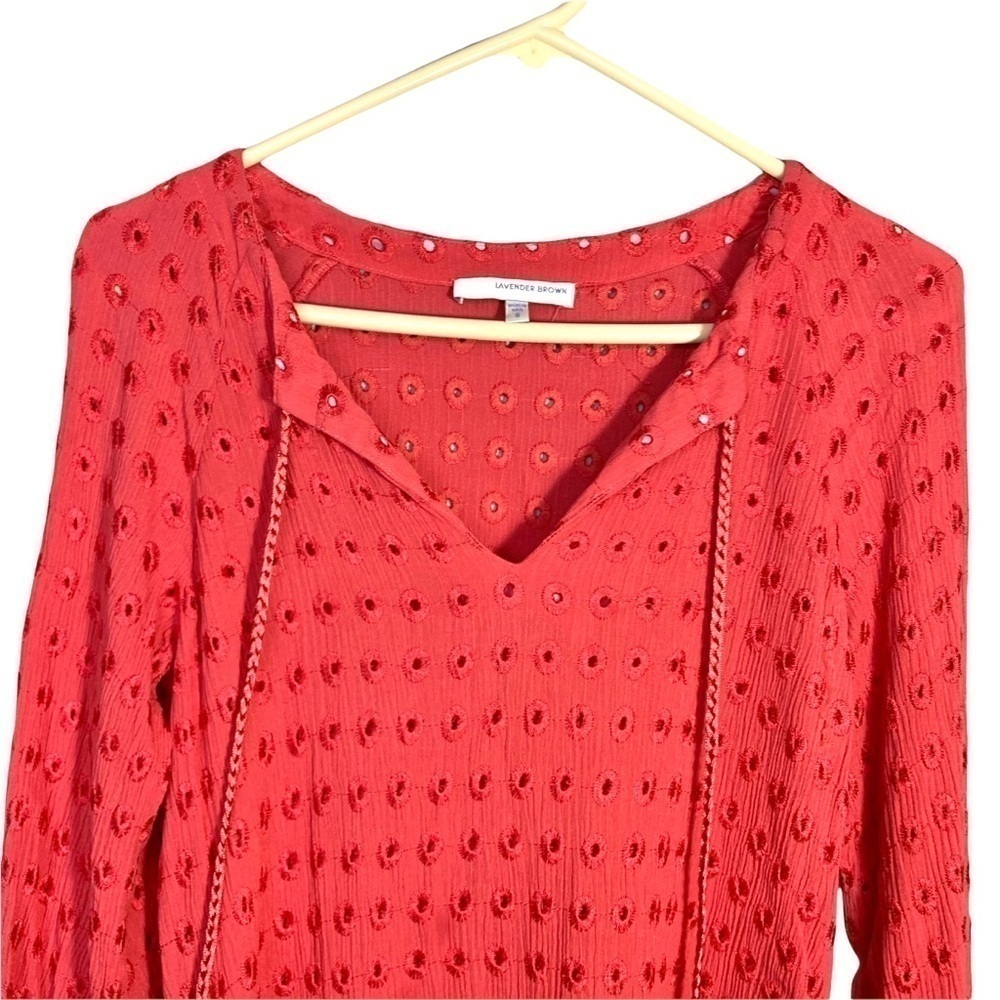Lavender Brown Red Cedric Eyelet Stitch Fix Tassel 3/4 Sleeve Blouse Top Sz S - Picture 7 of 17